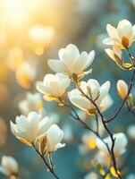 White magnolia flowers blooming on tree branch in spring garden at sunset photo