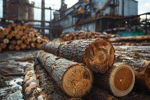 Freshly cut pine logs are piled up, ready for processing in a timber factory photo