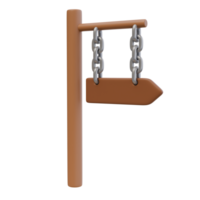 3d render illustration of signpost with arrow on a metal chain. Wooden signboard. Direction pointer, divarication guidepost. Isolated object png