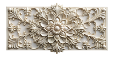 a 3D rendering of wall decor plaster, rectangle with intricate details, isolated on a transparent background png
