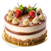a delicious-looking cake with a creamy white frosting, adorned with fresh strawberries, isolated on a transparent background png
