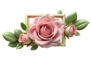 3d rendering style, a collection of pink and red roses in various stages of bloom, accompanied by a gold-bordered card with a rose design png