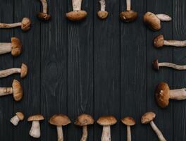 Autumn Cep Mushrooms. Basket with porcini mushrooms on the background of a tree outdoors. Close -up on wood rustic table. Cooking delicious organic mushroom. photo