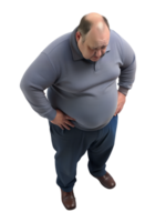 3d rendering style of A fat man is standing with his hands on her hips. He is looking down at the floor, looking distressed, He looks serious, isometric, isolated on a transparent background png