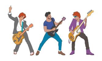 Three men playing rock guitar in soft color background. Isolated object on white background. vector