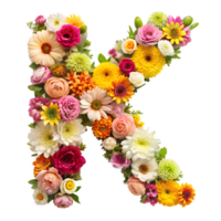 Stringing beautiful flowers together to form the English letter K, isolated on transparent background png