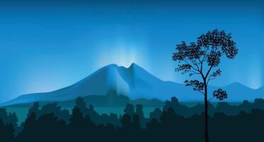 Mount merapi yogyakarta landscape with silhouette of tree at the foreground, illustration for background design. vector