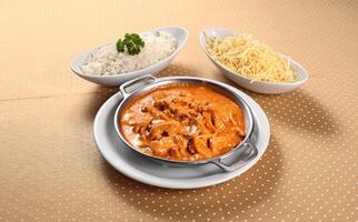 Chicken Stroganoff with white rice and French fries photo