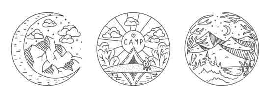 Mountains patch set line art style. For printing on mugs and T-shirts. Black outline on white background. Nature and travel concept. illustration. vector
