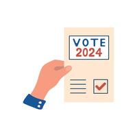 Vote 2024. Hand holding a voting ballot. People voting. Element for election design. Isolated illustration. vector