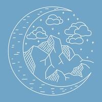 Mountain and moon patch in line art style. For printing on mugs and T-shirts. white outline on blue background. Nature and travel concept. illustration. vector