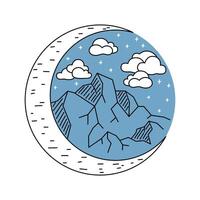 Mountain and moon patch in line art style. For printing on mugs and T-shirts. Black outline on blue background. Nature and travel concept. illustration. vector