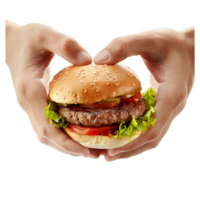 A hand holding hamburger isolated on a transparent background png