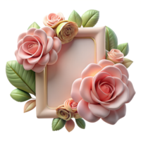 3d rendering style, a collection of pink and red roses in various stages of bloom, accompanied by a gold-bordered card with a rose design png