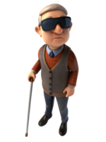 3d rendering style of A blind man wearing dark glasses is walking with a cane in his hand, Looking up, isolated on transparent background png