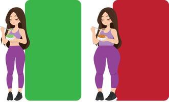 Fat and thin woman, before and after demonstration,with salad, and pasta, for background vector