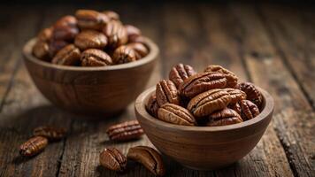 Bowl of unshelled pecans on a rustic wooden table. photo