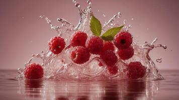 Dynamic splash of red berries in water on a pink background. photo