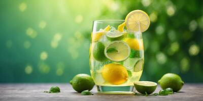 Creative layout of refreshing lemon lime drink Fresh drink and summer party composition Abstract drink idea. photo