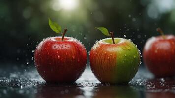 Two red apples with water splashes in motion. photo