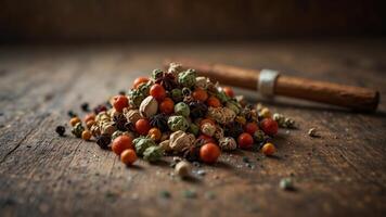 Bowl of dried spices and herbs on a rustic surface. photo