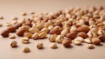 Mixed nuts on a beige background Minimal snack concept Brown and beige combination Top view. photo