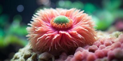 A tight shot of a pink and green sea anemone nestled on coral Corals populate the background. photo