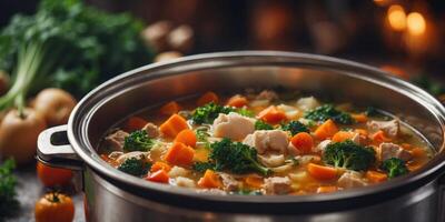 A closeup of the inner pot of an Instant Pot filled with bubbling broth and chunks of vegetables. photo