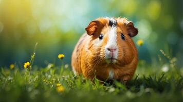 Curious Guinea Pig Eating Grass in a Meadow. photo