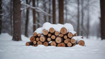 Firewood stack covered in deep snow by wooden structure with space for copy winter ready. photo