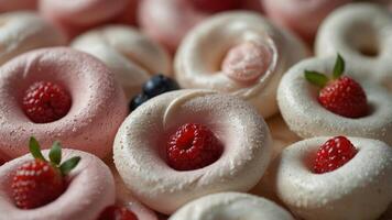 Pink and white meringue swirls with fresh berries. photo