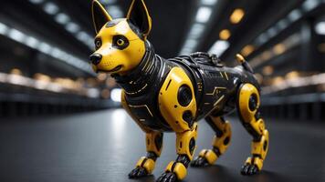 Black and yellow robot dog on black background. photo
