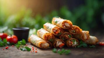 Crispy Fried Spring Rolls with Chicken and Vegetables. photo