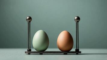 Two eggs are balancing on a metal stand on a light green background Copy space. photo