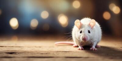 Cute white mouse exploring wooden surface in soft light. photo