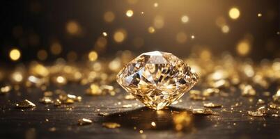 A diamond rests atop a table, surrounded by a mound of gold White sparks scatter the background. photo