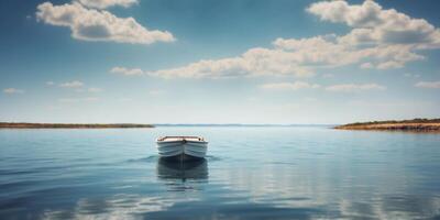 A boat in the middle of a tranquil body of water Behind it, a blue sky dotted with fluffy white clouds. photo