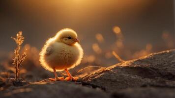 A Tiny Chick Basking in the Golden Light of Dawn. photo