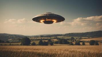 A vintage-style image featuring a UFO over a rural landscape. photo