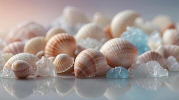 Collection of seashells and ice on a pastel background. photo