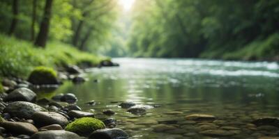 A river runs through a lush, green forest, dotted with numerous rocks and interspersed with patches of verdant grass Adjoining it is a forest teeming with. photo