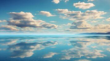 Serene sky with fluffy clouds reflecting on calm water surface. photo