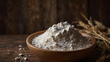 Wooden Bowl of Flour with Rustic Background. photo