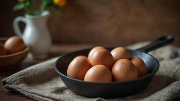 Fresh and healthy brown eggs in a frying pan on a kitchen table Start your day with a nutritious egg for a healthy breakfast. photo