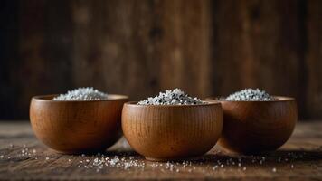 Salt and pepper in wooden bowls on rustic table. photo