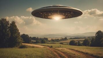A vintage-style image featuring a UFO over a rural landscape. photo