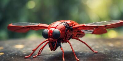 Close-up of one red dronegonfly with its wings spreoned. photo