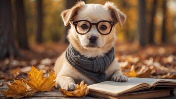 A Studious Pup with Glasses Reads in Fall. photo