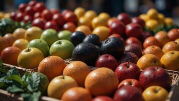 Fresh fruits in a variety of colors and sizes are neatly displayed at a local market stall for customers to buy. photo