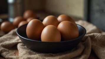Fresh and healthy brown eggs in a frying pan on a kitchen table Start your day with a nutritious egg for a healthy breakfast. photo